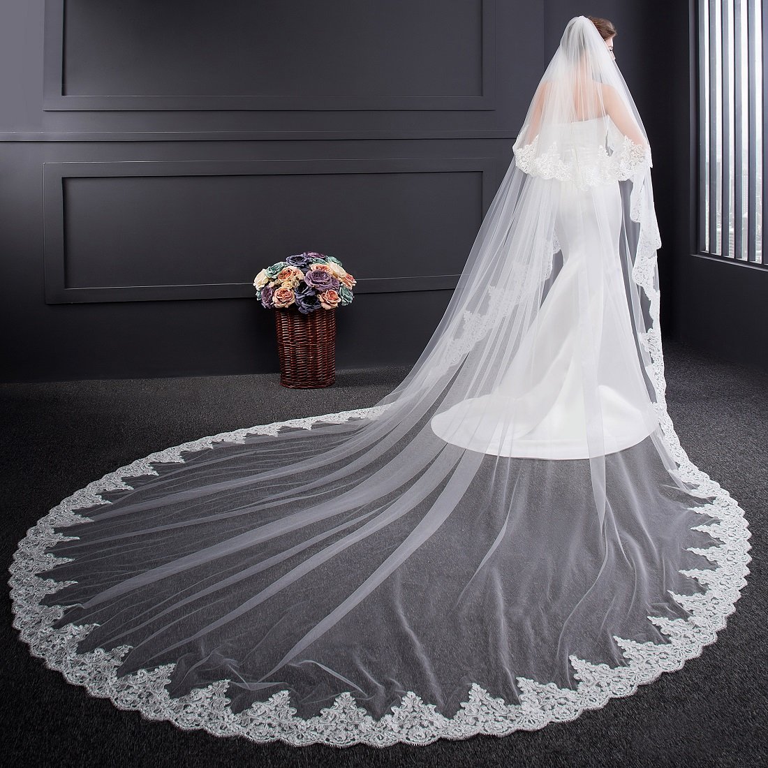 EllieHouse Women's 2 Tier Cathedral Lace White Wedding Bridal Veil With Comb L01WT