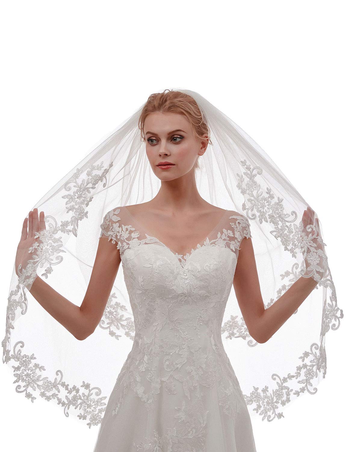 EllieHouse Women's Short 2 Tier Lace White Wedding Bridal Veil with Comb L24WT