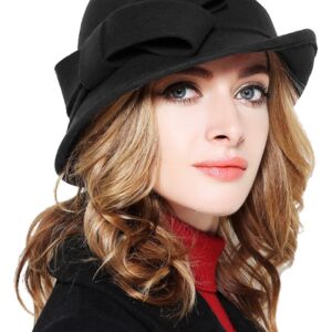 Bellady Women Solid Color Winter Hat 100 percent Wool Cloche Bucket with Bow Accent,Black, One Size