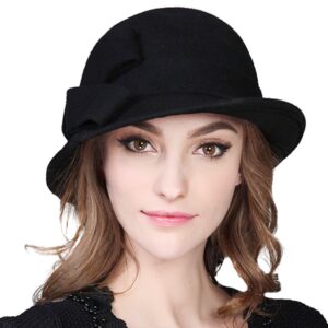 Bellady Women Solid Color Winter Hat 100 percent Wool Cloche Bucket with Bow Accent,Black, One Size