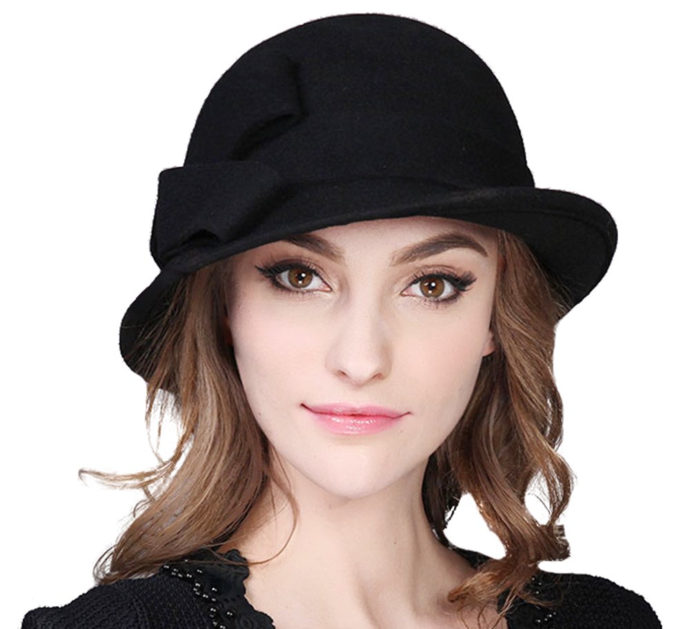 Bellady Women Solid Color Winter Hat 100 percent Wool Cloche Bucket with Bow Accent,Black, One Size