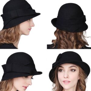 Bellady Women Solid Color Winter Hat 100 percent Wool Cloche Bucket with Bow Accent,Black, One Size