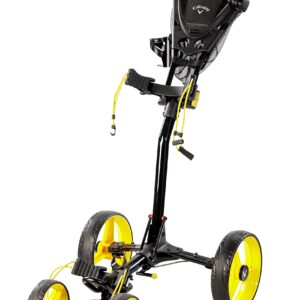 Callaway Trek Golf Push Cart 4-Wheel Compact Push Cart For Golf Clubs, Black/Yellow