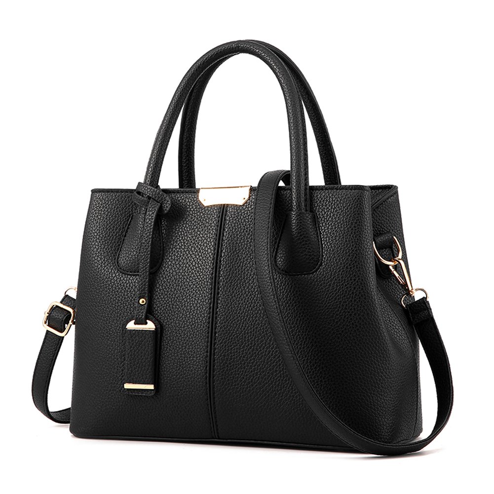 Covelin Women's Top-handle Cross Body Handbag Middle Size Purse Durable Leather Tote Bag Black