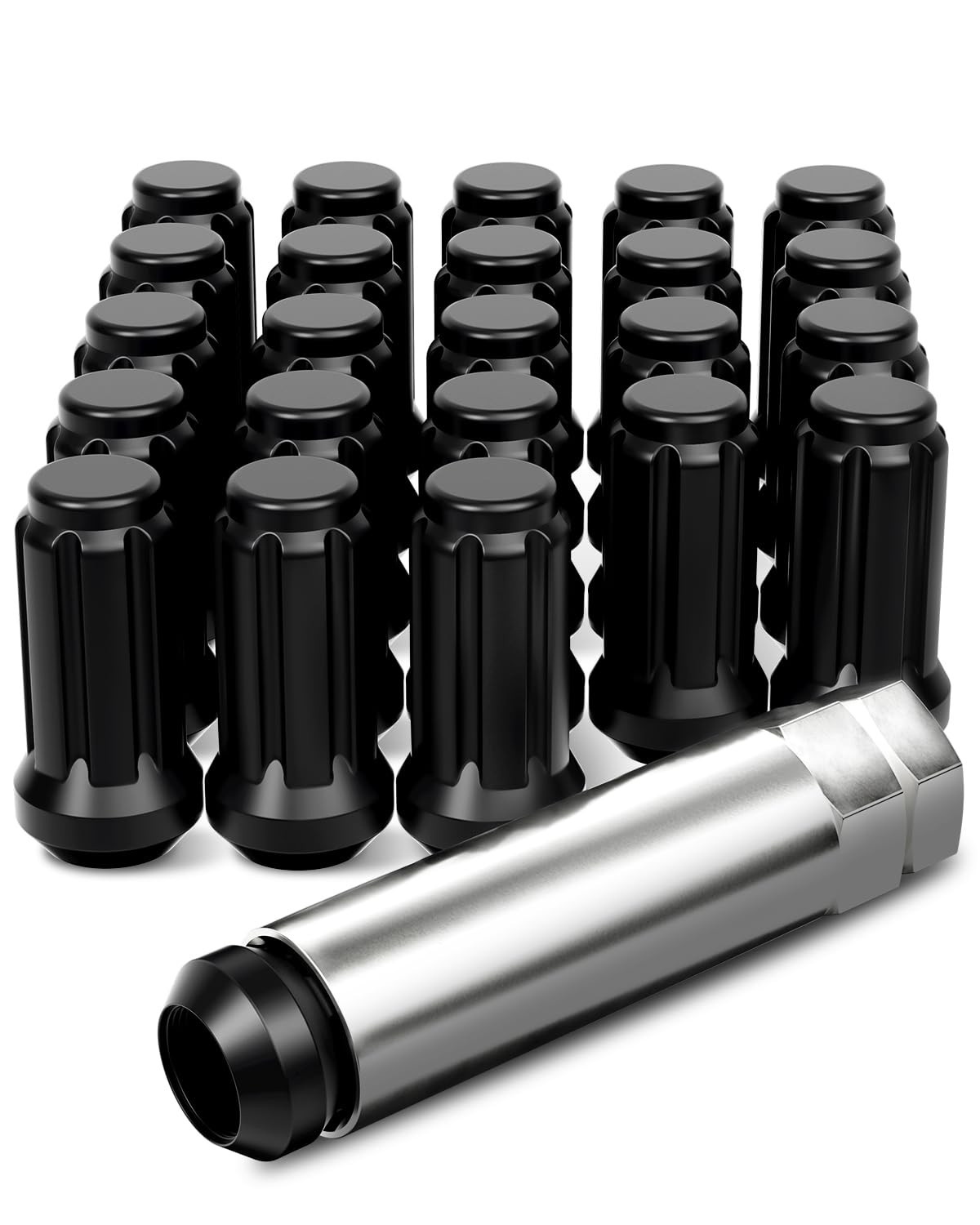 Orion Motor Tech M14x1.5 Lug Nuts Black with Spline Tuner, XL 2 inches Length Conical Wheel Nut, Compatible with Chevy GMC Ford Cadillac Lincoln SAAB Saturn Silverado 1500 Savana, Set of 24