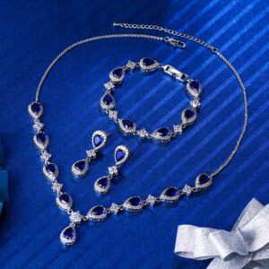 EleQueen Women's Silver-Tone Cubic Zirconia Teardrop Flower Bridal V-Necklace Sets Tennis Bracelet Dangle Earrings Sapphire Color