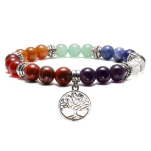 Top Plaza 7 Chakra Reiki Healing Bracelet Real Stones Yoga Meditation Mala Bead Elastic Bracelets For Women, Silver Alloy Life Tree Charm