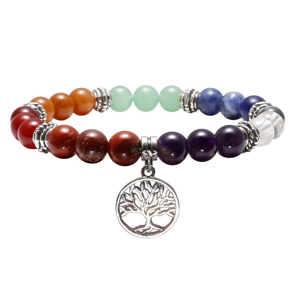 Top Plaza 7 Chakra Reiki Healing Bracelet Real Stones Yoga Meditation Mala Bead Elastic Bracelets For Women, Silver Alloy Life Tree Charm