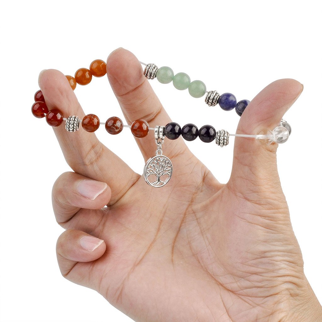 Top Plaza 7 Chakra Reiki Healing Bracelet Real Stones Yoga Meditation Mala Bead Elastic Bracelets For Women, Silver Alloy Life Tree Charm