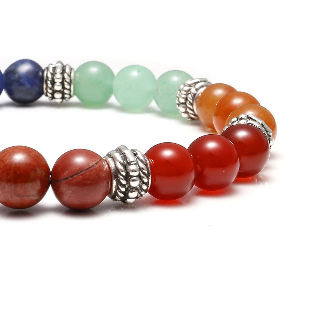 Top Plaza 7 Chakra Reiki Healing Bracelet Real Stones Yoga Meditation Mala Bead Elastic Bracelets For Women, Silver Alloy Life Tree Charm