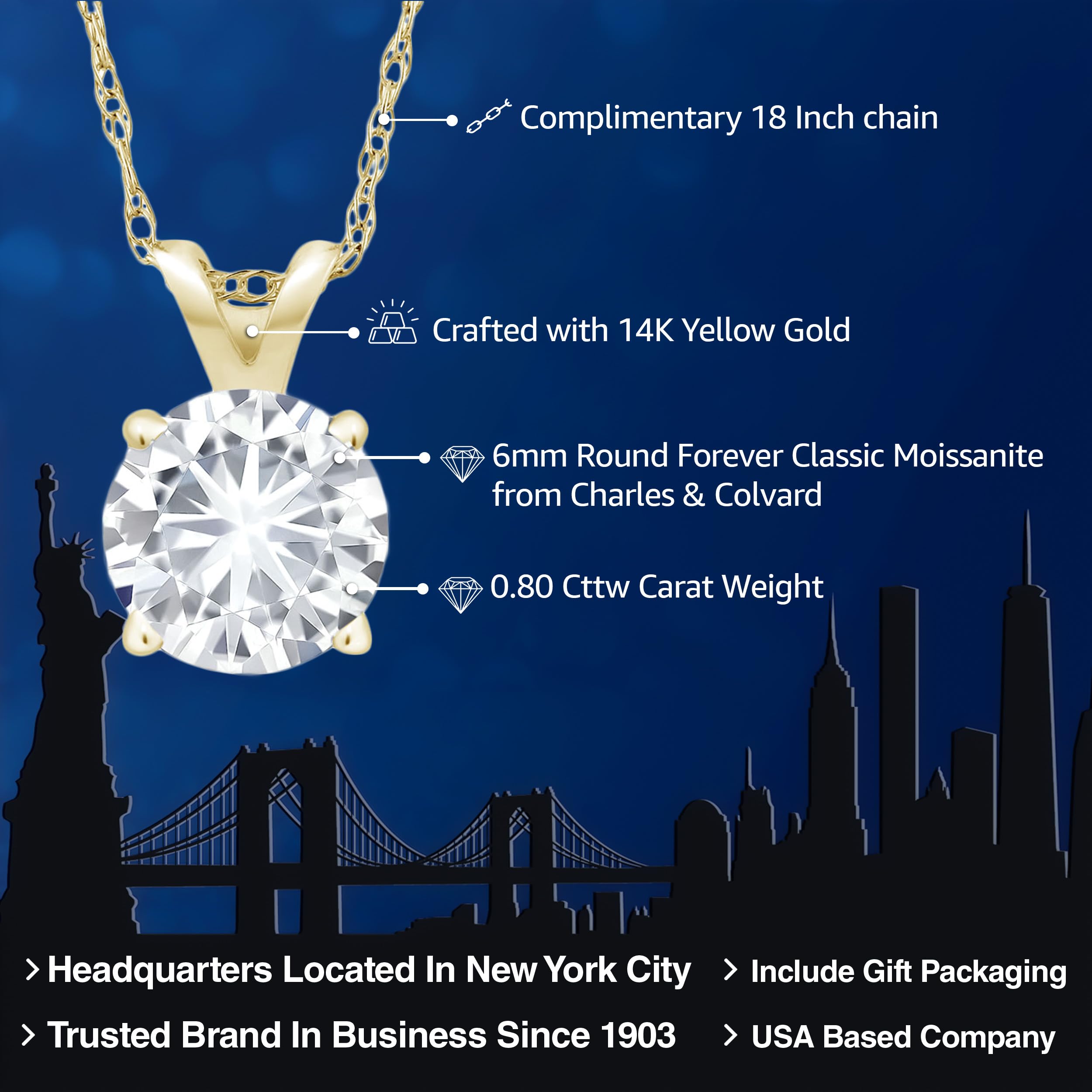 Gem Stone King 14K Yellow Gold Forever Classic Moissanite from Charles & Colvard Solitaire Pendant Necklace For Women (0.80 Cttw, Round 6MM, with 18 Inch 14K Yellow Gold Chain)