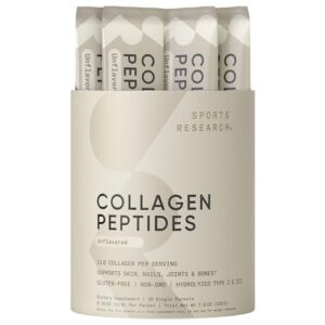 sports research® collagen peptides packets (20 count) - hydrolyzed type 1 & 3 collagen powder protein supplement for healthy skin, nails, & joints - non-gmo & gluten free