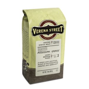 verena street, 2 pound flavored ground coffee, mississippi grogg, medium roast, rainforest alliance certified arabica coffee