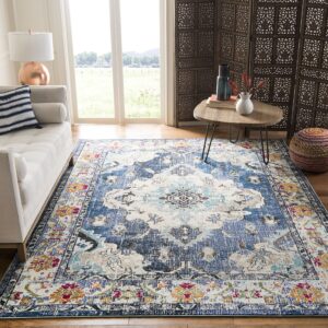 SAFAVIEH Monaco Collection Area Rug - 5'1" x 7'7", Navy & Light Blue, Boho Chic Medallion Distressed Design, Non-Shedding & Easy Care, Ideal for High Traffic Areas in Living Room, Bedroom (MNC243N)