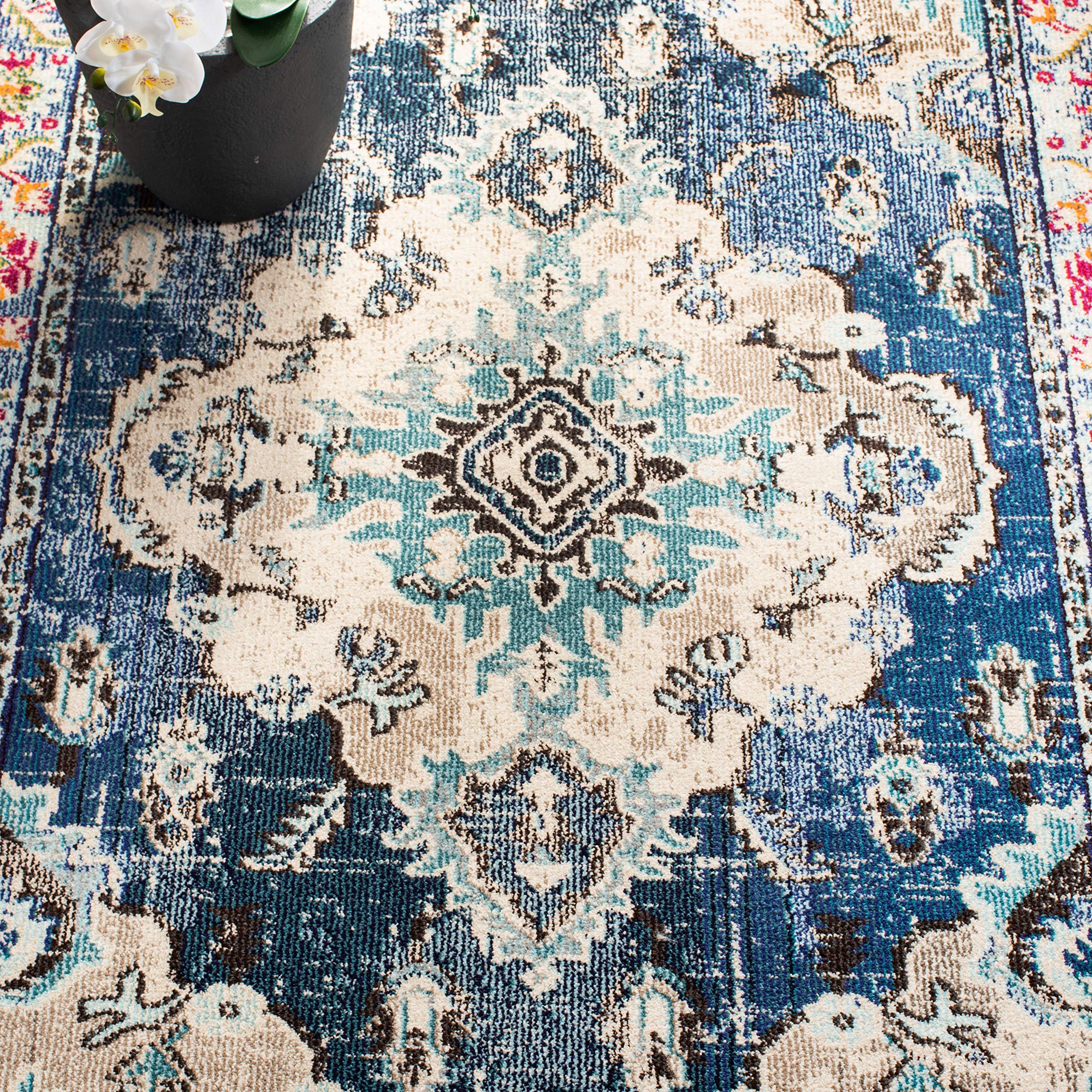 SAFAVIEH Monaco Collection Area Rug - 5'1" x 7'7", Navy & Light Blue, Boho Chic Medallion Distressed Design, Non-Shedding & Easy Care, Ideal for High Traffic Areas in Living Room, Bedroom (MNC243N)