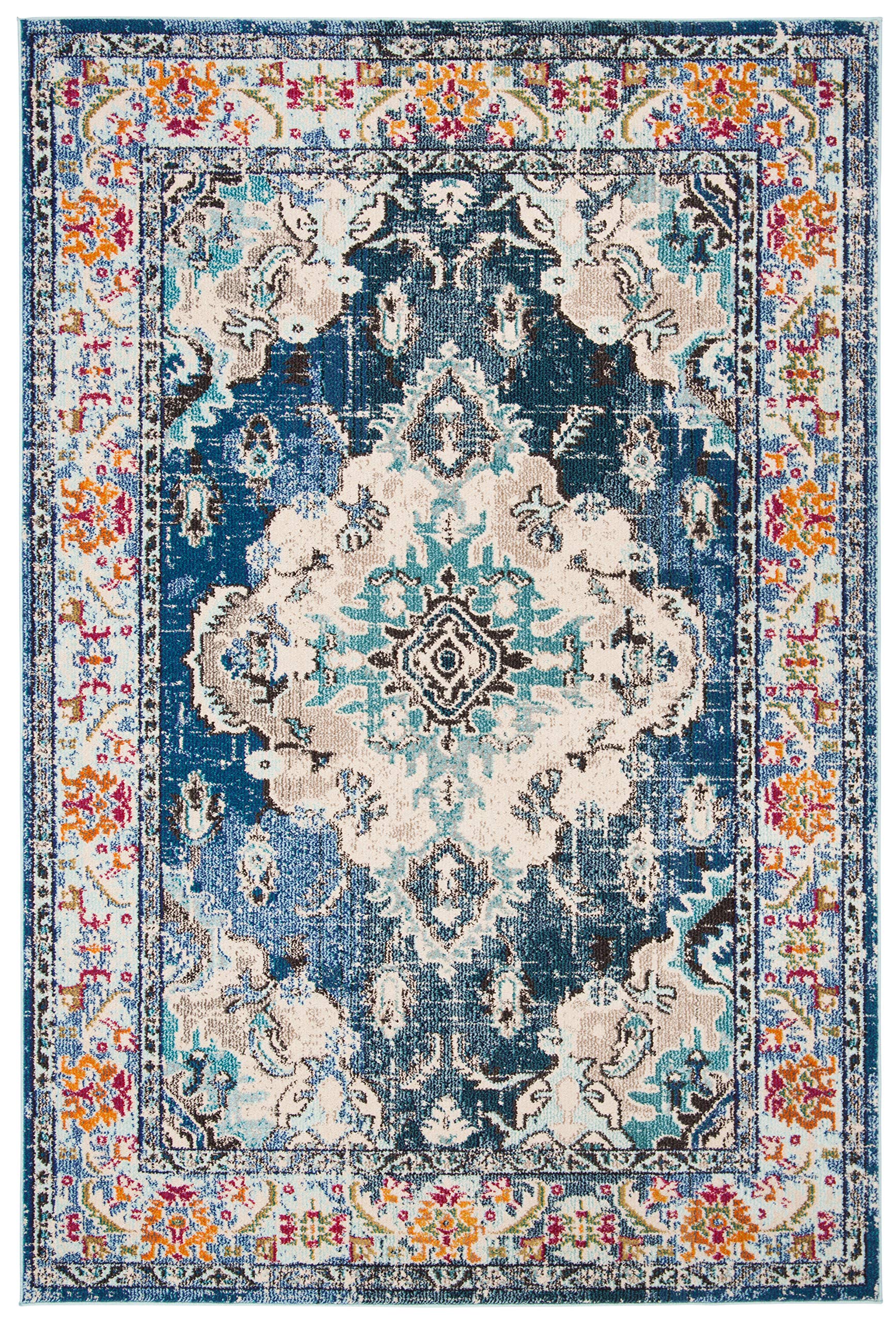 SAFAVIEH Monaco Collection Area Rug - 5'1" x 7'7", Navy & Light Blue, Boho Chic Medallion Distressed Design, Non-Shedding & Easy Care, Ideal for High Traffic Areas in Living Room, Bedroom (MNC243N)