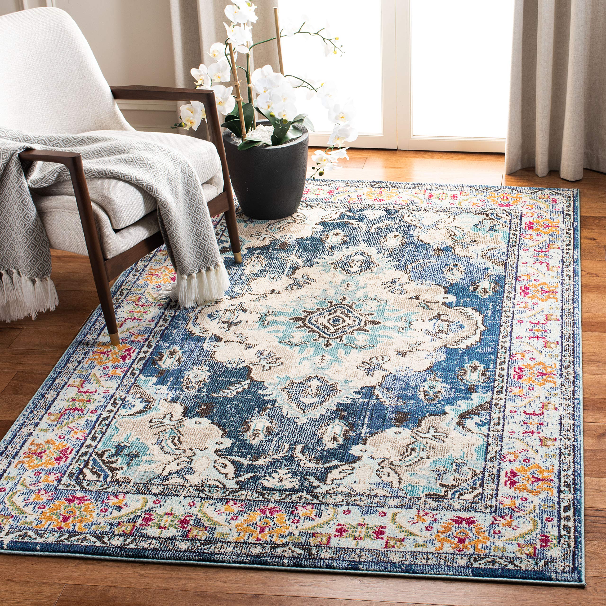 SAFAVIEH Monaco Collection Area Rug - 5'1" x 7'7", Navy & Light Blue, Boho Chic Medallion Distressed Design, Non-Shedding & Easy Care, Ideal for High Traffic Areas in Living Room, Bedroom (MNC243N)