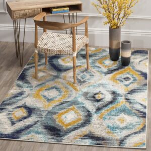 safavieh monaco collection area rug - 8' x 10', blue & multi, ogee trellis watercolor distressed design, non-shedding & easy care, ideal for high traffic areas in living room, bedroom (mnc242j)