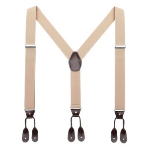 AWAYTR Mens Brown Button End Suspenders - Adjustable Elastic Y Shape Tuxedo Suspender (Khaki)