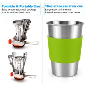 Odoland Camping Cookware Stove Carabiner Canister Stand Tripod and Stainless Steel Cup, Tank Bracket, Fork Spoon Kit for Backpacking, Outdoor Camping Hiking and Picnic,Green