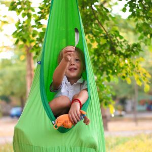 AMAZEYOU Kids Swing Hammock Pod Chair - Child's Rope Hanging Sensory Seat Nest Indoor Outdoor Use Inflatable Pillow - Great Children, All Accessories Included (Green)