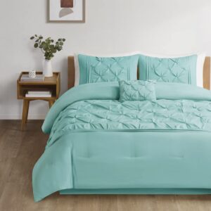 comfort spaces cavoy comforter set - luxe diamond tufting, all season bedding, matching bed skirt, decorative pillows, queen, faux silk aqua 5 piece