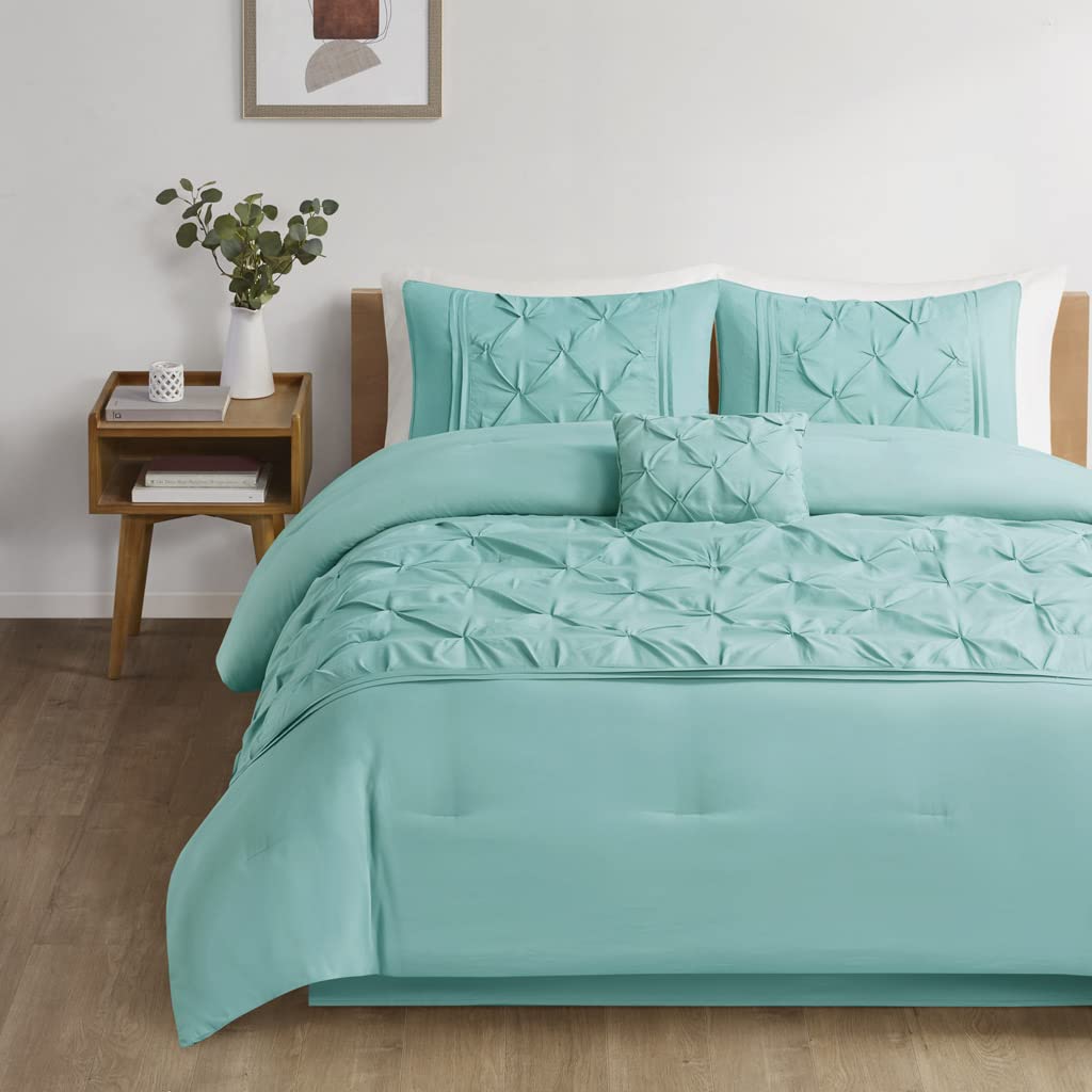 Comfort Spaces Cavoy Comforter Set - Luxe Diamond Tufting, All Season Bedding, Matching Bed Skirt, Decorative Pillows, Queen, Faux Silk Aqua 5 Piece