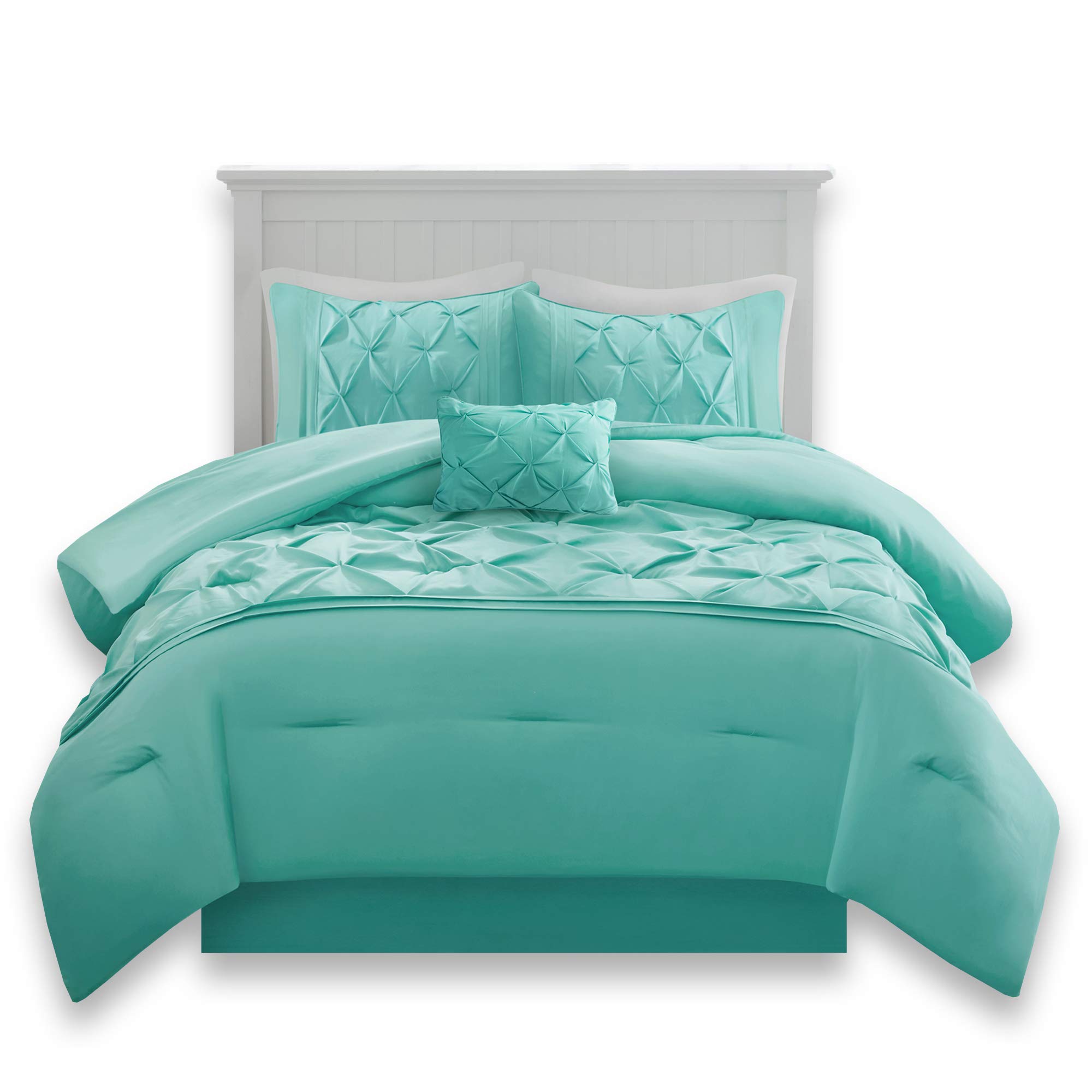 Comfort Spaces Cavoy Comforter Set - Luxe Diamond Tufting, All Season Bedding, Matching Bed Skirt, Decorative Pillows, Queen, Faux Silk Aqua 5 Piece