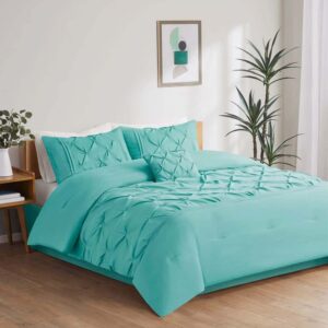 Comfort Spaces Cavoy Comforter Set - Luxe Diamond Tufting, All Season Bedding, Matching Bed Skirt, Decorative Pillows, Queen, Faux Silk Aqua 5 Piece