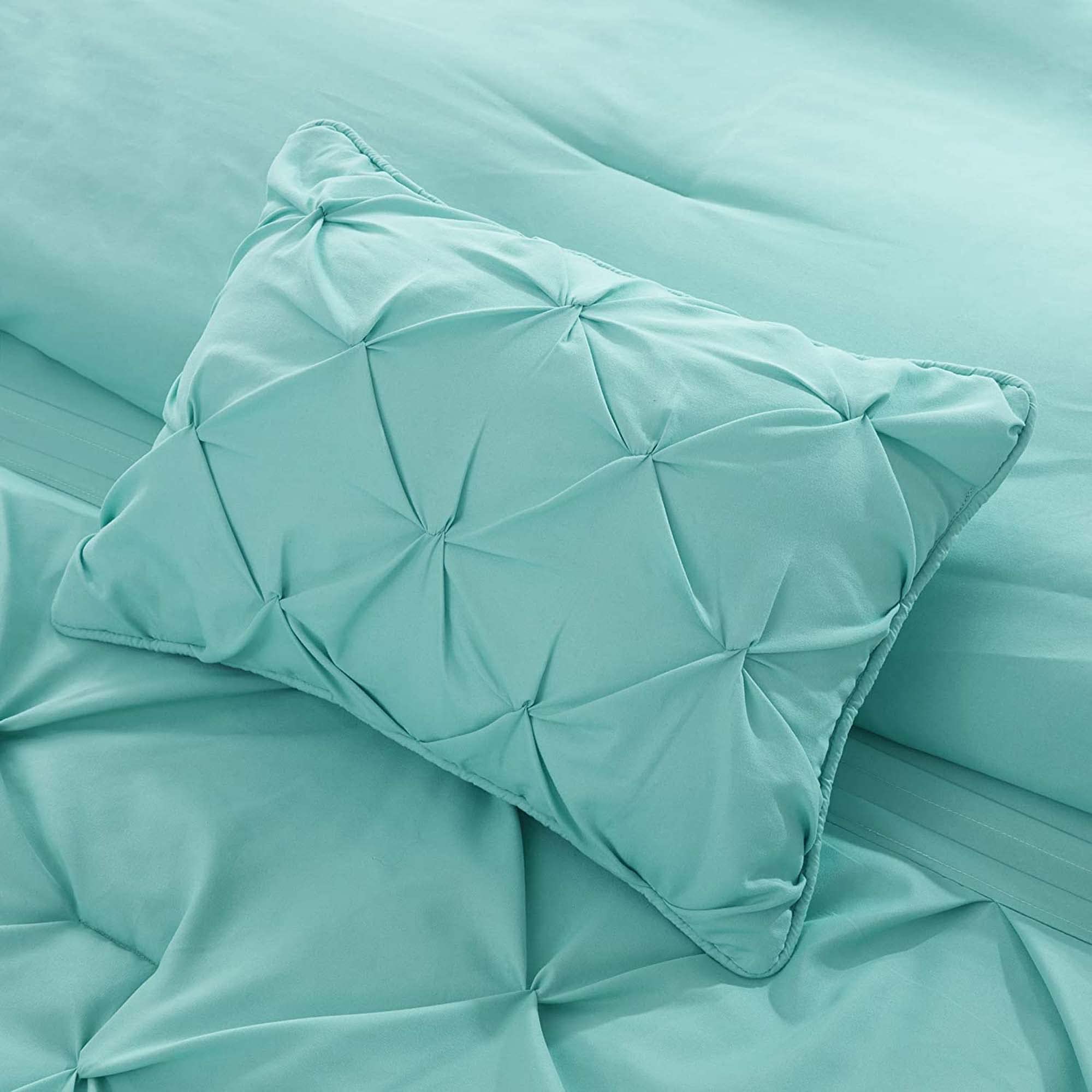 Comfort Spaces Cavoy Comforter Set - Luxe Diamond Tufting, All Season Bedding, Matching Bed Skirt, Decorative Pillows, Queen, Faux Silk Aqua 5 Piece