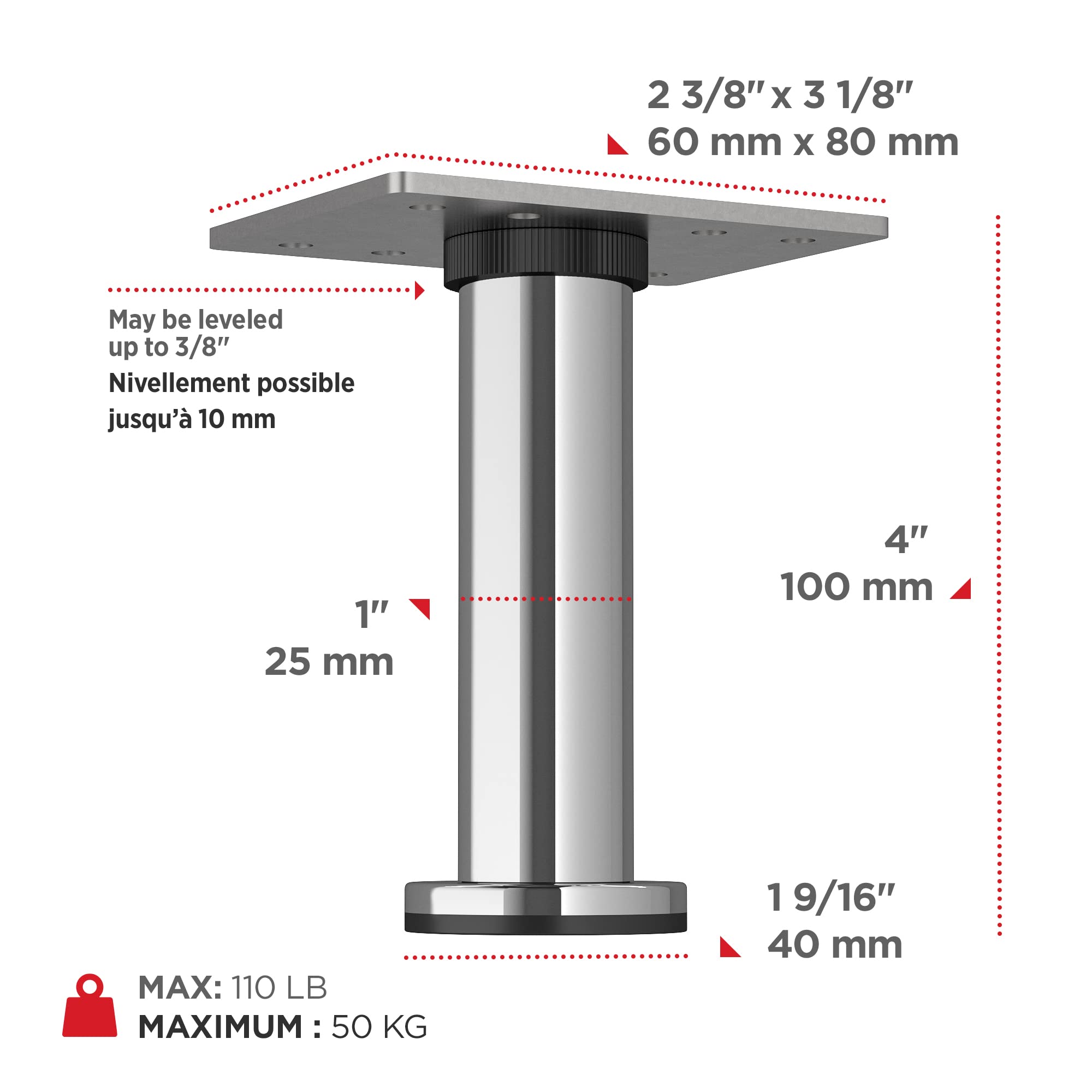 Richelieu Hardware 64217100140 3 15/16 in (100 mm) Round Furniture Leg with Levelling Glide, Chrome