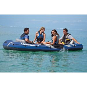 Intex Excursion Heavy Duty 5 Person Inflatable Rafting and Fishing Boat Set with 2 Oars, Air Pump, and Carry Bag for Lakes and Mild Rivers, Blue