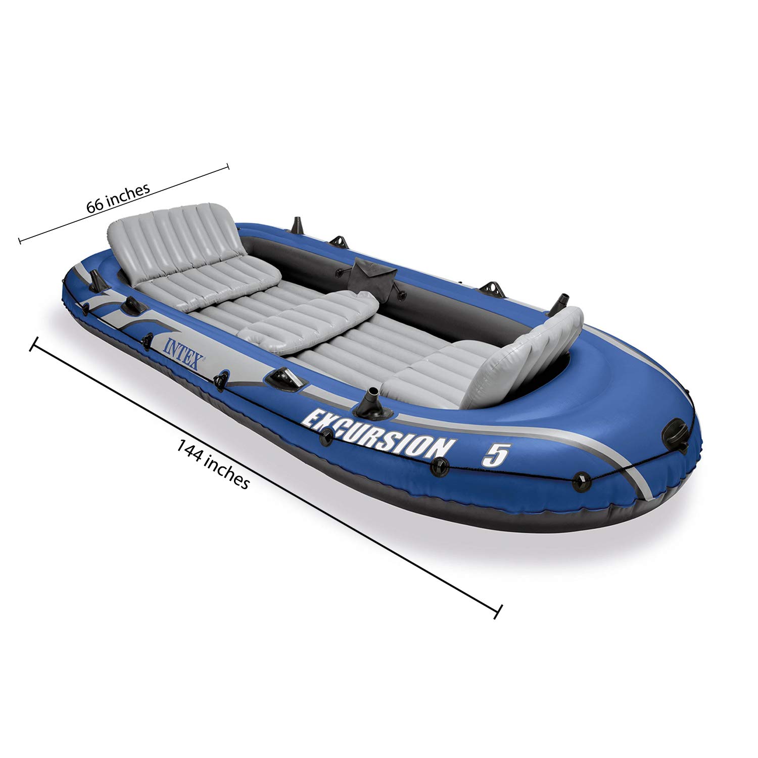 Intex Excursion Heavy Duty 5 Person Inflatable Rafting and Fishing Boat Set with 2 Oars, Air Pump, and Carry Bag for Lakes and Mild Rivers, Blue