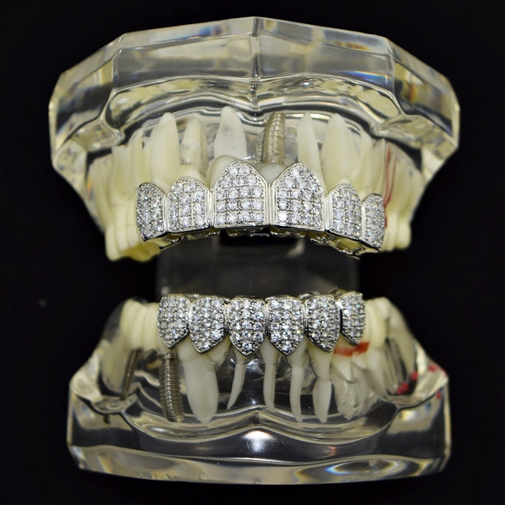 CZ Grillz Set Silver Tone Cubic Zirconia Micro Pave Bling Teeth Top & Bottom Row Iced Hip Hop Grills