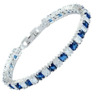 RIZILIA Ice Cube Princess Cut Simulated Blue Sapphire CZ 18K White Gold Plated Tennis Bracelet, 7"