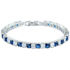 RIZILIA Ice Cube Princess Cut Simulated Blue Sapphire CZ 18K White Gold Plated Tennis Bracelet, 7"