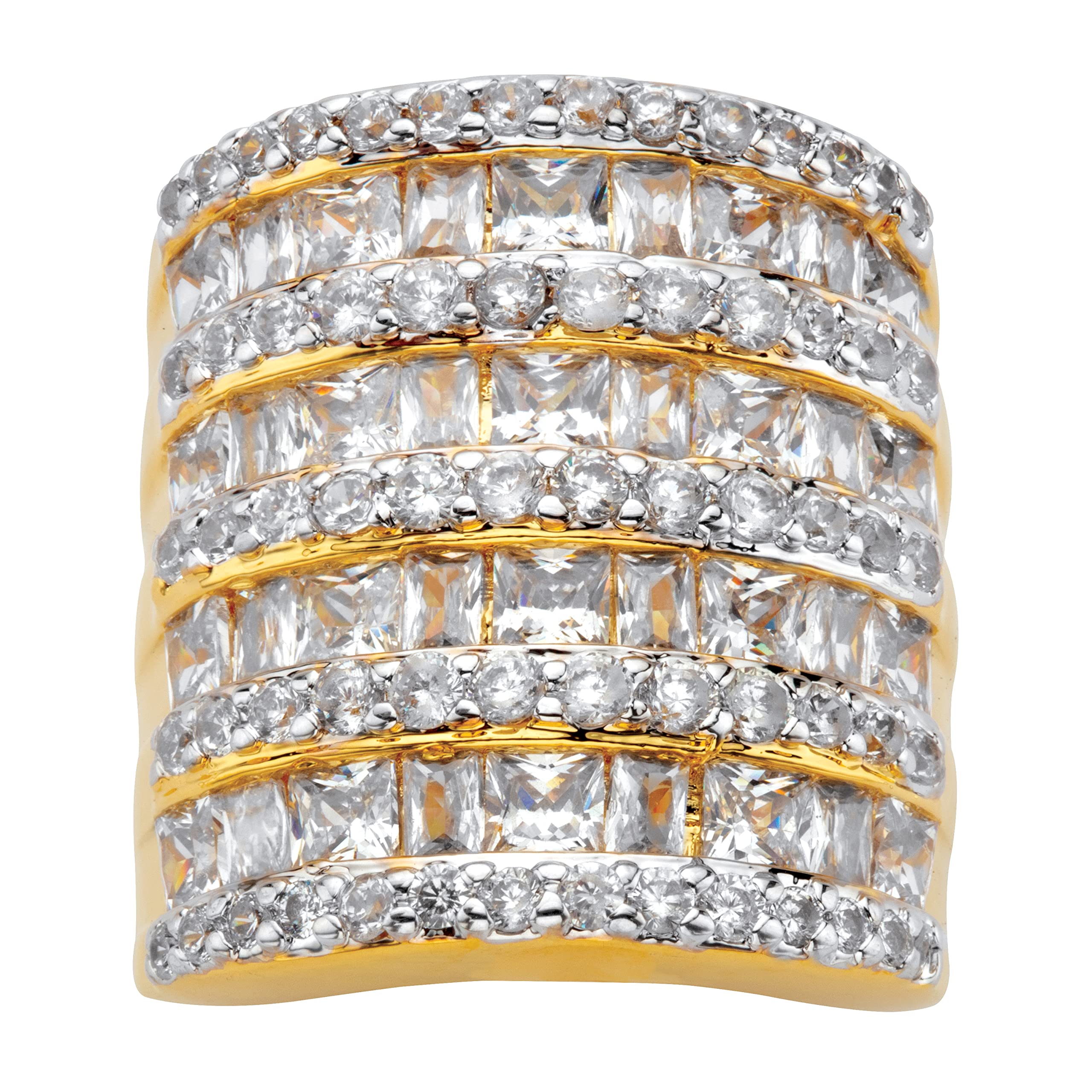 PalmBeach Jewelry Silvertone or Yellow Gold-Plated Princess Cut and Round Cubic Zirconia Channel Set Cocktail Ring Size 9