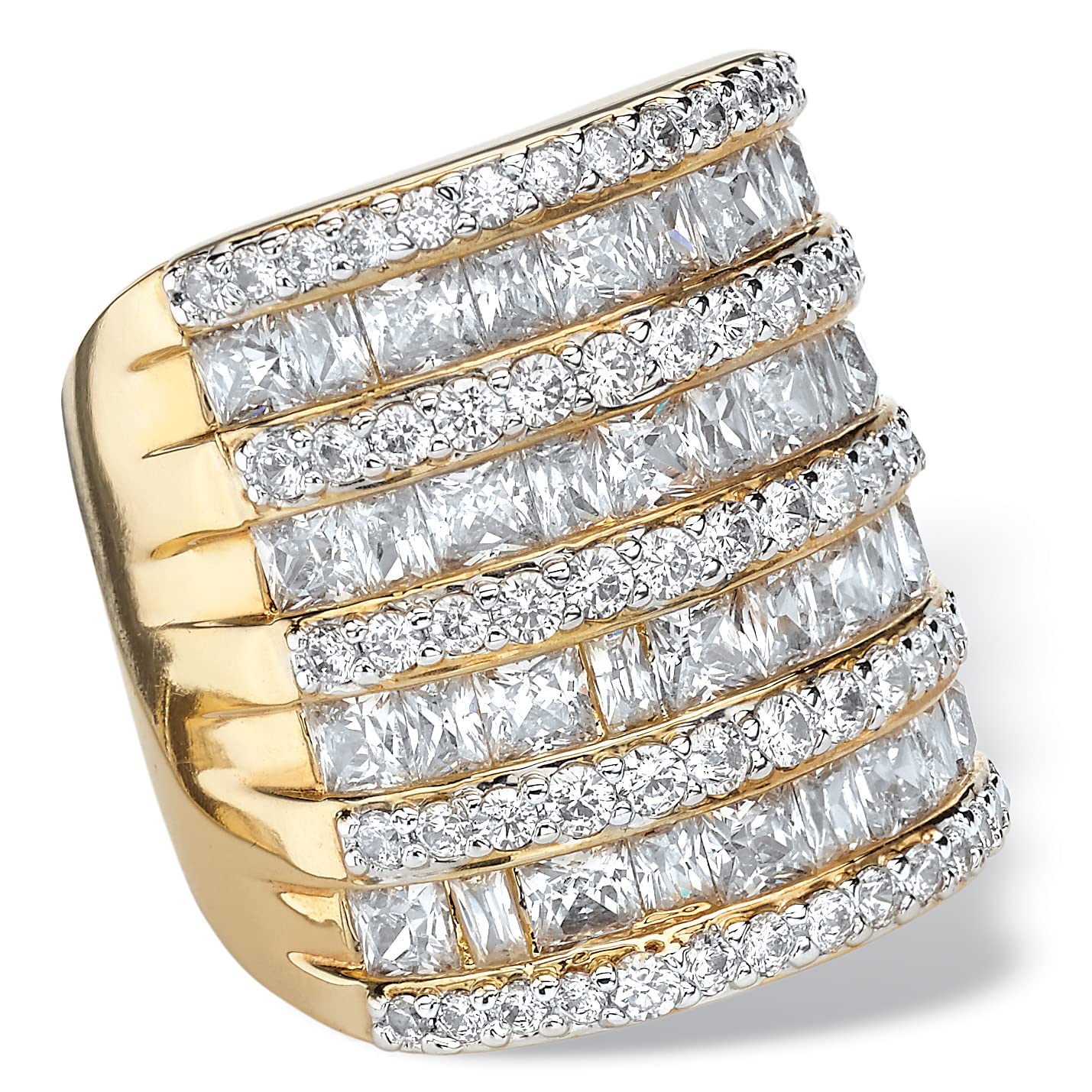 PalmBeach Jewelry Silvertone or Yellow Gold-Plated Princess Cut and Round Cubic Zirconia Channel Set Cocktail Ring Size 9