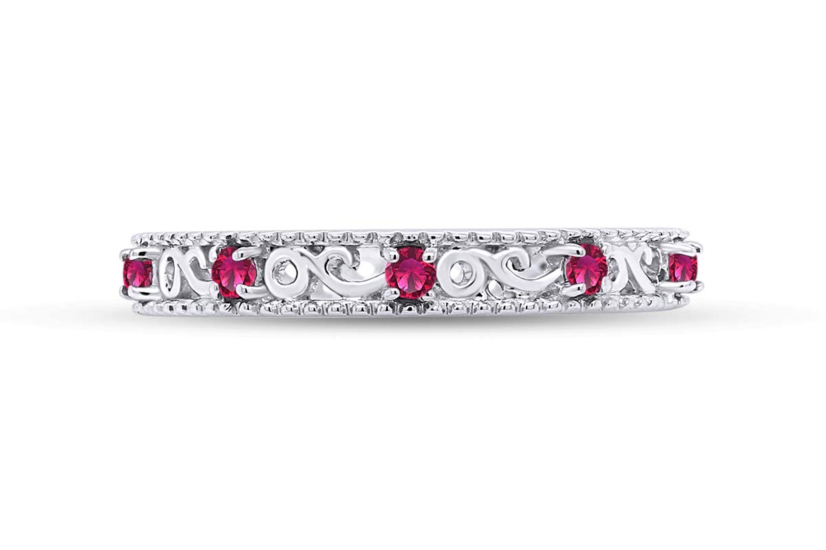 Jewel Zone US Round Cut Simulated Red Ruby Stackable Ring in 14K White Gold Over Sterling Silver