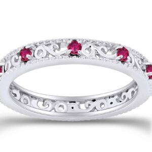 Jewel Zone US Round Cut Simulated Red Ruby Stackable Ring in 14K White Gold Over Sterling Silver