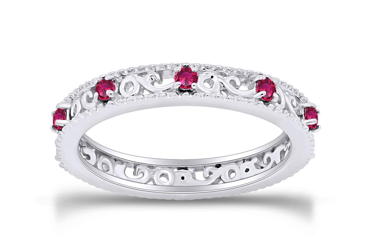 Jewel Zone US Round Cut Simulated Red Ruby Stackable Ring in 14K White Gold Over Sterling Silver