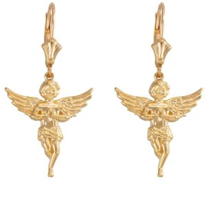 fine 14k yellow gold praying angel dangle leverback earrings