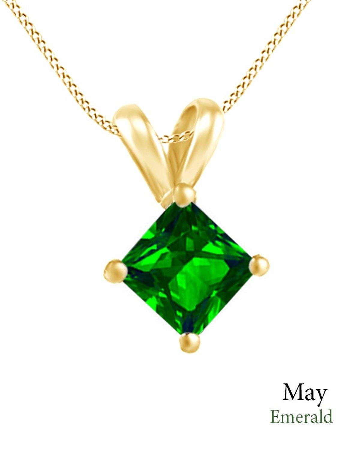 Jewel Zone US AFFY Women's Classic Simulated Emerald Princess Shape Pendant Necklace in 10k Solid Yellow Gold (2 cttw)