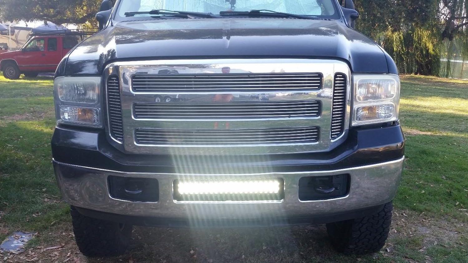 iJDMTOY Lower Grille 20-Inch LED Light Bar Compatible with 1999-2007 Ford F250 F350 Super Duty, Includes (1) 120W High Power LED Lightbar, Lower Bumper Opening Mount Brackets & On/Off Switch Wiring