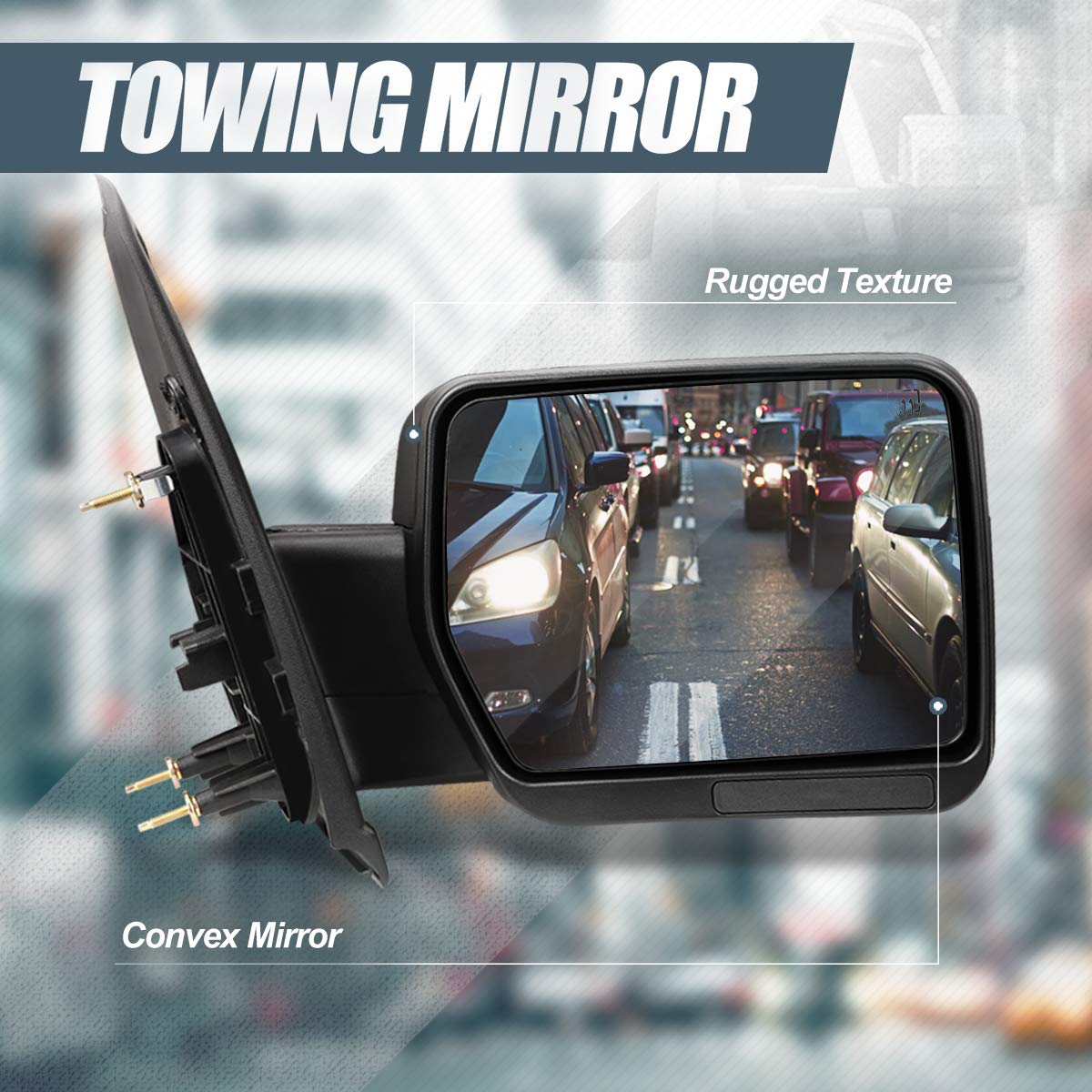 Auto Dynasty Passenger Right Rear View Side Towing Mirror - Power Adjust | Manual Folding | Heated Glass - Compatible with Ford F150 04-14, Texture Black