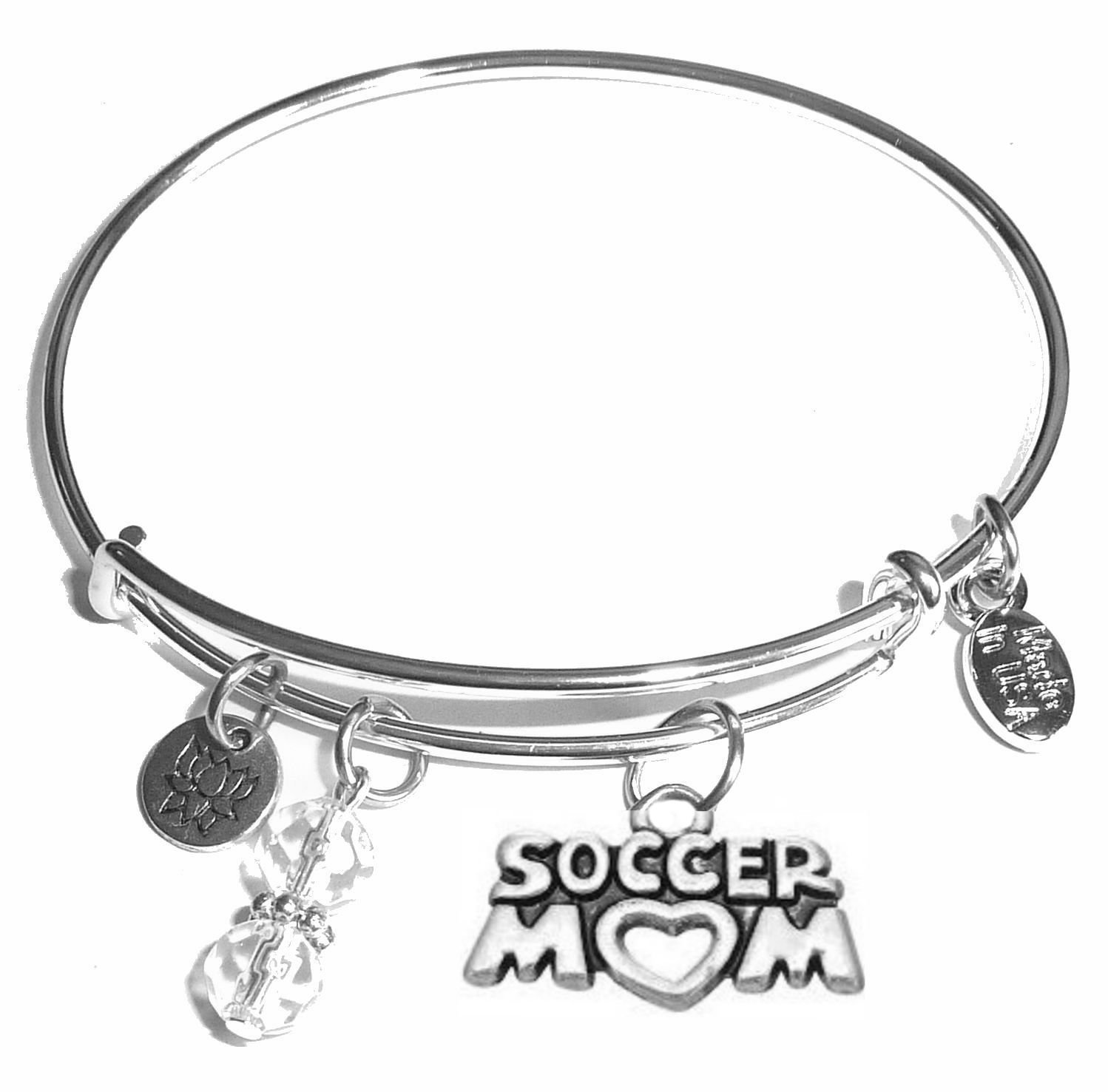 Hidden Hollow Beads Women's Stainless Steel Message Charm Expandable Wire Bangle Bracelet, Very Popular and Stylish, Arrives in a Gift Box. (Soccer Mom)