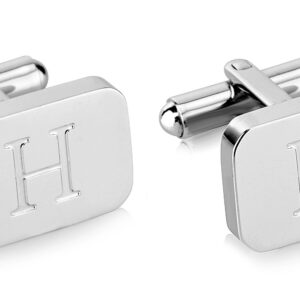 18K White-Gold Plated Initial Engraved Stainless Steel Men’s Cufflinks With Gift Box -Personalized Alphabet Letter’s A-Z By Lux & Pair (H- White Gold)