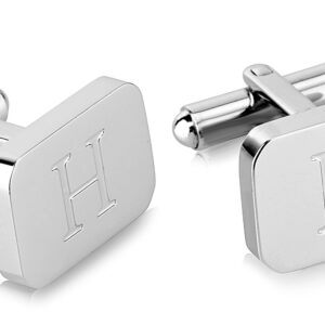 18K White-Gold Plated Initial Engraved Stainless Steel Men’s Cufflinks With Gift Box -Personalized Alphabet Letter’s A-Z By Lux & Pair (H- White Gold)