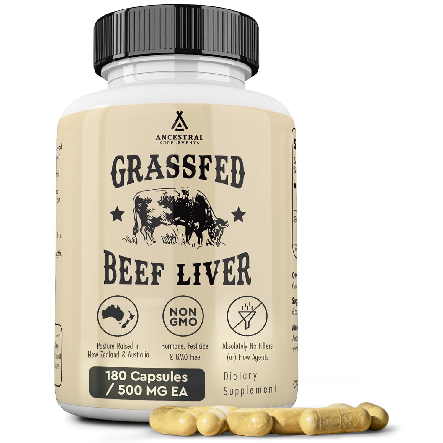 Ancestral Supplements Grass Fed Beef Liver 180 Capsules, Supports Energy Production, Detoxification, Digestion, Immunity and Full Body Wellness, Non-GMO, Freeze Dried Liver Health Supplement