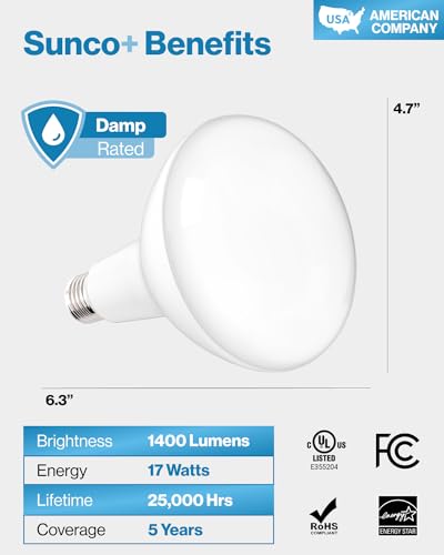 Sunco Lighting - 8 Pack BR40 Light Bulbs, LED Indoor Flood Light, Dimmable, CRI94 4000K Cool White, 100W Equivalent 17W, 1400 Lumens, E26 Base, Indoor Home Recessed Can Lights, High Lumens - UL